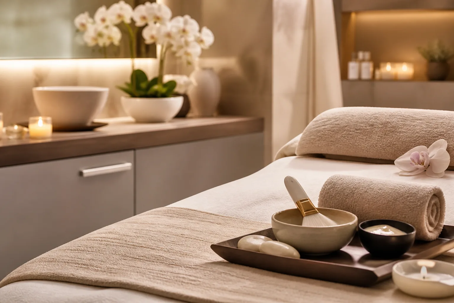 Relaxing facial treatment room with warm towels