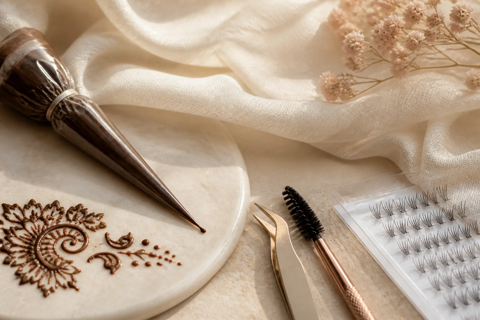 Henna and lash tools arranged on ivory fabric